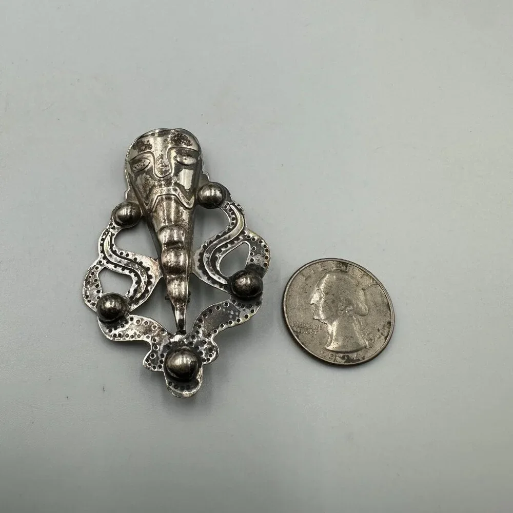 Vintage Mask Brooch Sterling Silver Tribal Face Figural Abstract Ethnic Artisan